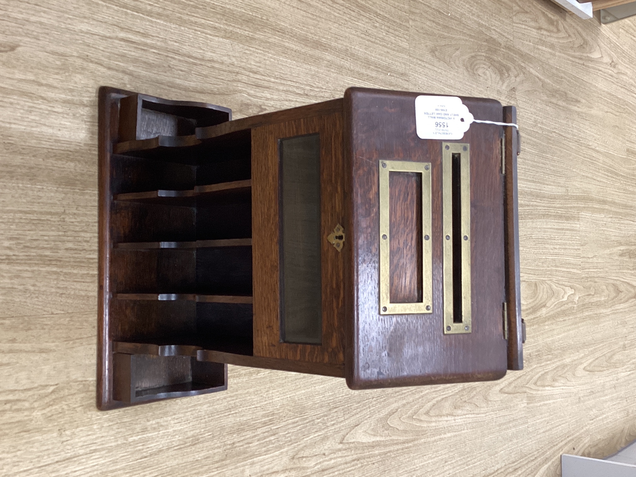 A Victorian wall shelf and oak letter box, tray, etc